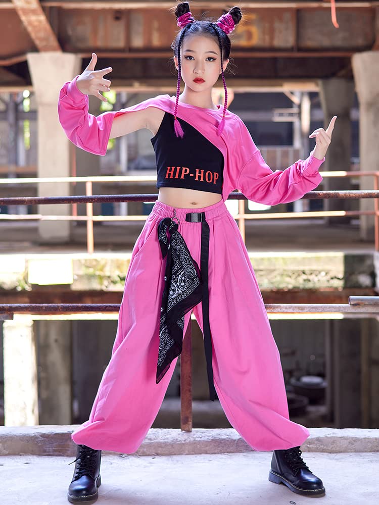 Amazon.co.jp: 女の子 ジャズダンス衣装 ピンク 長ズボン 臍出し上着